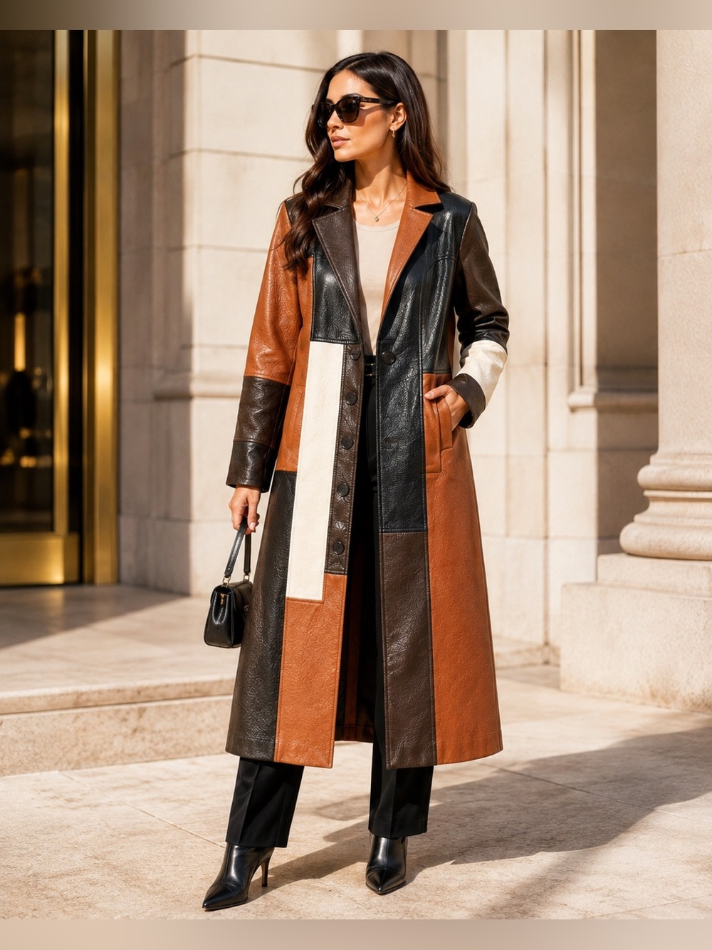Ronny Kobo x RTR Patchwork Faux Leather Coat Size 4 Colorblock Long Trench